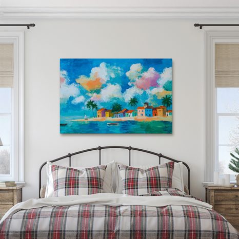 OBRAZ POBŘEŽNÍ VESNICE POD PALMAMI - BAREVNÉ DOMY - OBRAZY
