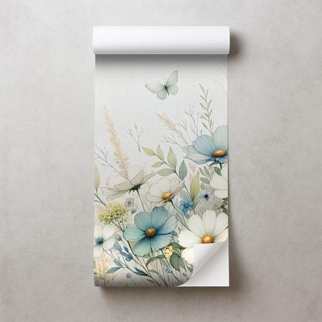 SAMOLEPÍCÍ TAPETA PASTELOVÉ LUČNÍ KVĚTINY A LÉTAJÍCÍ MOTÝLI - ΤΑΠΕΤΣΑΡΊΑ ΜΕ ΛΟΥΛΟΎΔΙΑ - ΤΑΠΕΤΣΑΡΊΕΣ