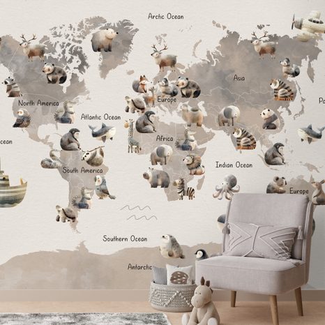 SAMOLEPÍCÍ TAPETA ZVÍŘECÍ MAPA SVĚTA PRO DĚTI - DĚTSKÉ TAPETY - TAPETY