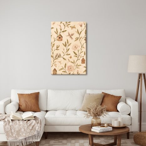 TABLEAU SUR TOILE – BRANCHETTES ROMANTIQUES AUX NICHOIRS - TABLEAUX DE FLEURS - TABLEAUX