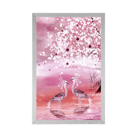 POSTER REIHER UNTER EINEM BEZAUBERNDEN BAUM IN ROSA - TIERE - POSTER
