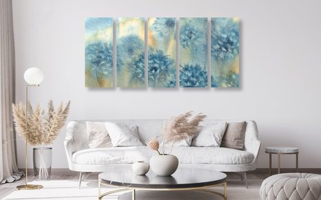 5-DÍLNÝ OBRAZ MODRÁ PAMPELIŠKA V AKVARELOVÉM PROVEDENÍ - OBRAZY KVĚTŮ - OBRAZY