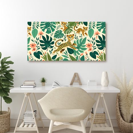 WANDBILD VERSPIELTE GEPARDEN UND BLÄTTER - KINDERBILDER TIERE - BILDER