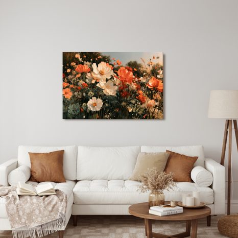 TABLEAU SUR TOILE – PRAIRIE FLEURIE AUX TONS CHAUDS - TABLEAUX DE FLEURS - TABLEAUX
