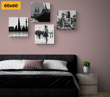 SET OBRAZŮ ŽIVOT VE VELKOMĚSTĚ V ČERNOBÍLÉM PROVEDENÍ S ABSTRAKTNÍM NÁDECHEM - SESTAVY OBRAZŮ - OBRAZY