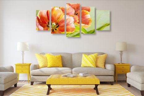 5-DIELNY OBRAZ ČERVENÉ TULIPÁNY VO VINTAGE PREVEDENÍ - OBRAZY KVETOV - OBRAZY