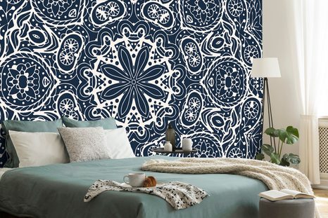 TAPETA BÍLÁ MANDALA NA MODRÉM POZADÍ - TAPETY FENG SHUI - TAPETY
