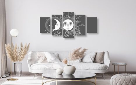 5-DÍLNÝ OBRAZ ČERNOBÍLÁ HARMONIE SLUNCE A MĚSÍCE - ČERNOBÍLÉ OBRAZY - OBRAZY