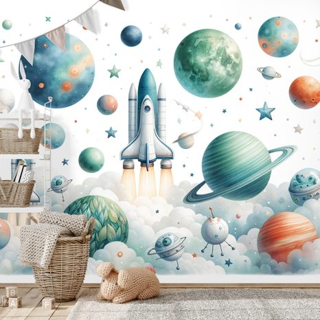 TAPETA DĚTSKÝ VESMÍRNÝ SVĚT S RAKETAMI - DĚTSKÉ TAPETY - TAPETY