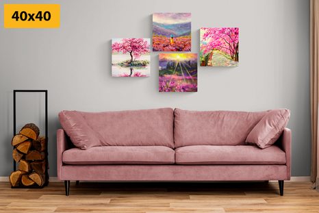 SET OBRAZOV NÁDHERNÁ IMITÁCIA OLEJOMAĽBY V RUŽOVEJ FARBE - ZOSTAVY OBRAZOV - OBRAZY