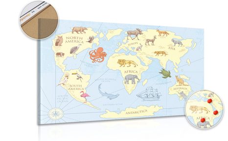 DECORATIVE PINBOARD WORLD MAP WITH ANIMALS - PICTURES ON CORK - PICTURES
