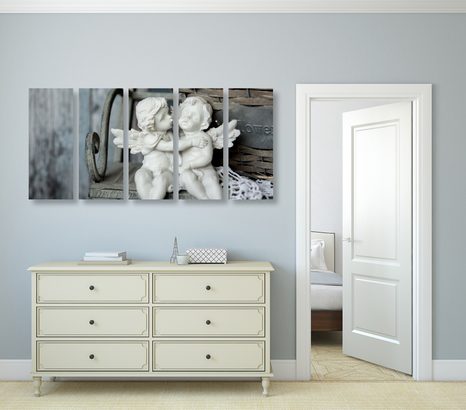 5-TEILIGES WANDBILD STATUE MIT ENGELN AUF DER BANK - BILDER VON ENGELN - BILDER