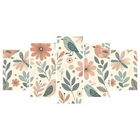 5-TEILIGES WANDBILD VÖGEL ZWISCHEN BLUMEN - BILDER BLUMEN - BILDER
