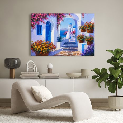 TABLEAU SUR TOILE – COIN MÉDITERRANÉEN À DÔME BLEU - TABLEAUX DE LA VILLE - TABLEAUX