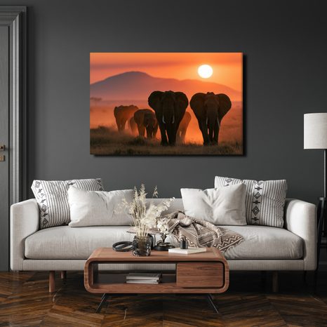 TABLEAU SUR TOILE – ÉLÉPHANTS AU COUCHER DU SOLEIL - TABLEAUX ÉLÉPHANTS - TABLEAUX
