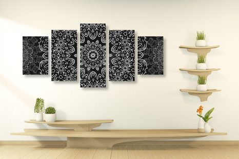 TABLOU 5-PIESE MANDALA CU UN MODEL ABSTRACT ÎN DESIGN ALB-NEGRU - TABLOURI ALB-NEGRU - TABLOURI