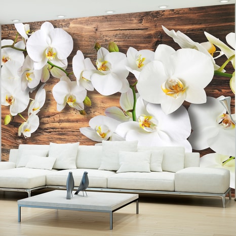 PHOTO WALLPAPER ORCHID ON A WOODEN BACKGROUND