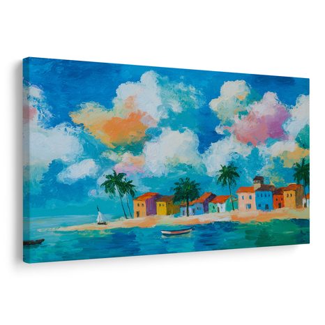 OBRAZ POBŘEŽNÍ VESNICE POD PALMAMI - BAREVNÉ DOMY - OBRAZY