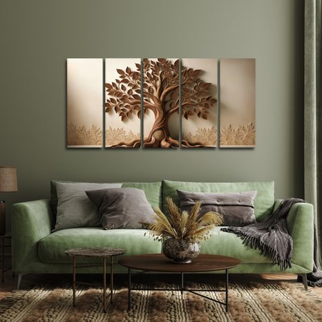 5-TEILIGES WANDBILD BRAUNER LEBENSBAUM MIT 3D-EFFEKT - BILDER BÄUME DES LEBENS - BILDER