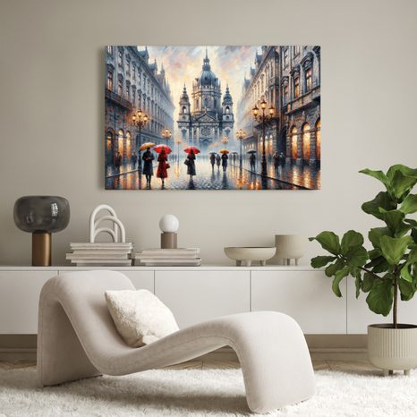 OBRAZ DEŠTIVÁ ULICE S KATEDRÁLOU - OBRAZY MĚSTA - OBRAZY