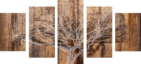 5-PIECE CANVAS PRINT TREE WITH THE IMITATION OF A WOODEN BASE - PICTURES OF NATURE AND LANDSCAPE - PICTURES