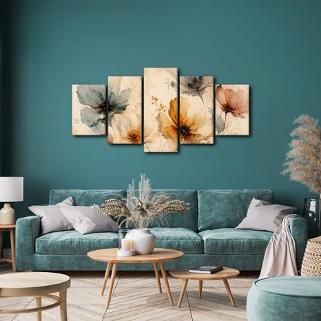 TABLEAU EN 5 PARTIES – FLEURS AQUARELLÉES AUX TONS DÉLICATS - TABLEAUX DE FLEURS - TABLEAUX
