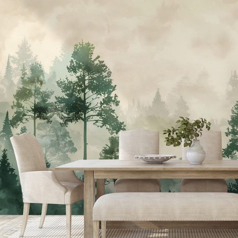 TAPET AUTOADEZIV SILUETE VERZI DE PĂDURE ÎN CEAȚĂ - TAPET PĂDURE - TAPETURI