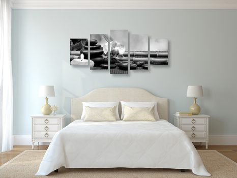 5-DÍLNÝ OBRAZ FENG SHUI ZÁTIŠÍ V ČERNOBÍLÉM PROVEDENÍ - ČERNOBÍLÉ OBRAZY - OBRAZY