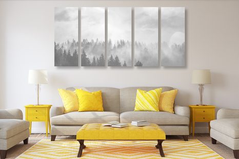 TABLOU 5-PIESE CEAȚĂ DEASUPRA PĂDURII ÎN DESIGN ALB-NEGRU - TABLOURI ALB-NEGRU - TABLOURI