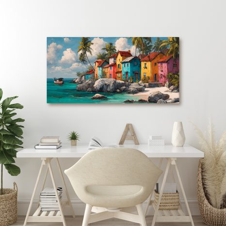 SLIKA ŠARENE KUĆE UZ OBALU - ŠARENE KUĆE - SLIKE