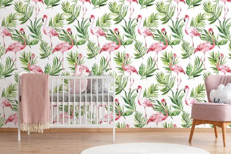 TAPETE AQUARELL-FLAMINGO MIT BLÄTTERN - TAPETEN VÖGEL - TAPETEN