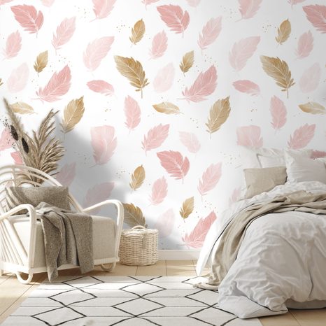 TAPETA RŮŽOVO-ZLATÉ JEMNÉ PEŘÍČKA - VZOROVANÉ TAPETY - TAPETY