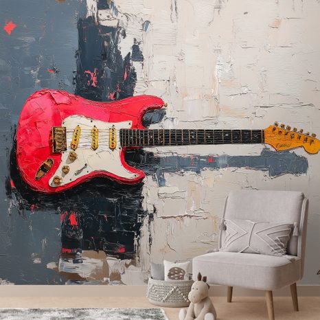FOTOTAPETE ROTE E-GITARRE AUF ABSTRAKTEM HINTERGRUND - MUSIK FOTOTAPETEN - TAPETEN