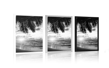 AFFICHE – LEVER DE SOLEIL SUR PLAGE DES CARAÏBES EN NOIR ET BLANC - NOIR ET BLANC - AFFICHES