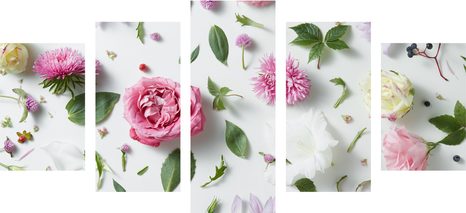 5-TEILIGES WANDBILD ZARTES STILLLEBEN MIT BLUMEN - BILDER BLUMEN - BILDER