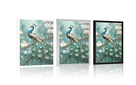 POSTER PĂUN ÎNCONJURAT DE FLORI ALBE - PĂSĂRI - POSTERE