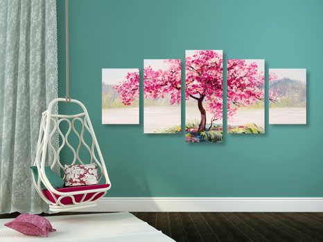 5-DÍLNÝ OBRAZ ORIENTÁLNÍ TŘEŠEŇ V RŮŽOVÉM PROVEDENÍ - OBRAZY PŘÍRODY A KRAJINY - OBRAZY