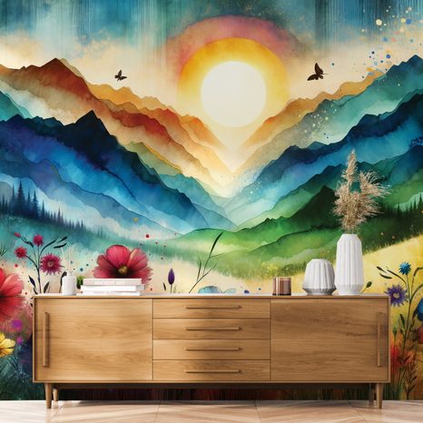 SAMOLEPÍCÍ TAPETA BAREVNÁ HORSKÁ KRAJINA S KVĚTINAMI - TAPETY HORY - TAPETY
