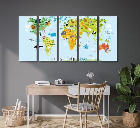5-DÍLNÝ OBRAZ DĚTSKÁ MAPA SVĚTA SE ZVÍŘÁTKY - DĚTSKÉ OBRAZY - OBRAZY