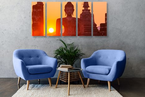 5-DIELNY OBRAZ SOCHA BUDHU UPROSTRED KAMEŇOV - OBRAZY FENG SHUI - OBRAZY