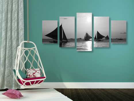 5-TEILIGES WANDBILD SCHÖNER SONNENUNTERGANG AM MEER IN SCHWARZ-WEISS - SCHWARZ-WEISSE BILDER - BILDER