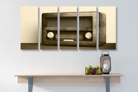 5-DÍLNÝ OBRAZ RETRO RÁDIO V SÉPIOVÉ PROVEDENÍ - ČERNOBÍLÉ OBRAZY - OBRAZY