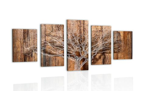 5-PIECE CANVAS PRINT TREE WITH THE IMITATION OF A WOODEN BASE - PICTURES OF NATURE AND LANDSCAPE - PICTURES