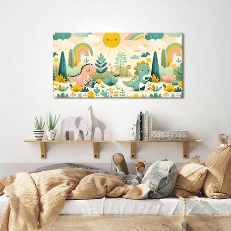 OBRAZ DINOSAUŘÍ KAMARÁDI V BAREVNÉ ZAHRADĚ - DĚTSKÉ OBRAZY ZVÍŘÁTKA - OBRAZY