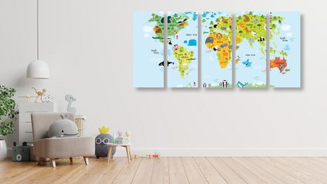 5-DÍLNÝ OBRAZ DĚTSKÁ MAPA SVĚTA SE ZVÍŘÁTKY - DĚTSKÉ OBRAZY - OBRAZY