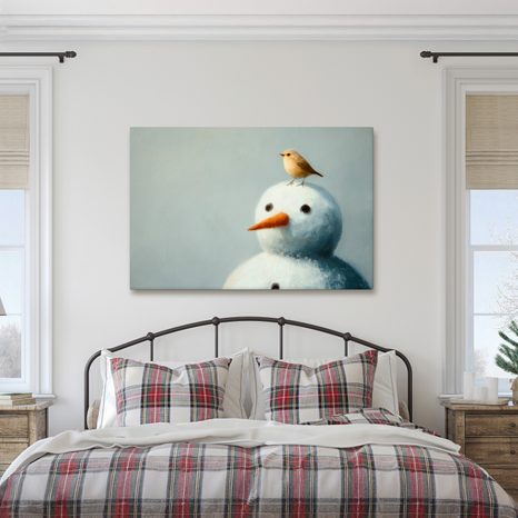 WANDBILD WEIHNACHTSSCHNEEMANN MIT VÖGELCHEN - WEIHNACHTS- UND WINTERBILDER - BILDER