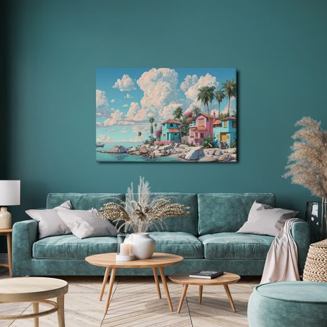 OBRAZ KARIBSKÁ IDYLA S PALMAMI - BAREVNÉ DOMY - OBRAZY