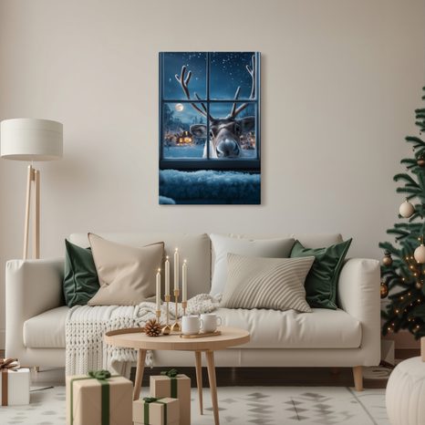 VÁNOČNÍ OBRAZ ROZTOMILÝ SOB ZA ZASNĚŽENÝM OKNEM - VÁNOČNÍ A ZIMNÍ OBRAZY - PICTURES