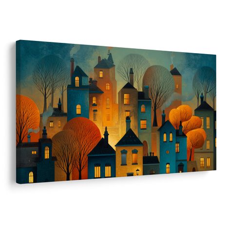 OBRAZ ZIMNÍ POHÁDKA NOČNÍHO MĚSTA - BAREVNÉ DOMY - OBRAZY