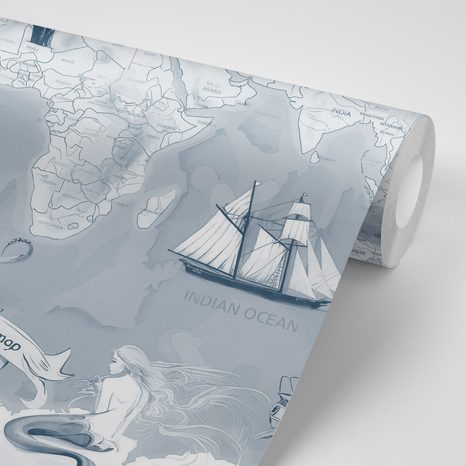 SAMOLEPÍCÍ TAPETA ŠEDO-MODRÁ KRESLENÁ MAPA S PLAVIDLY - SAMOLEPÍCÍ TAPETY - TAPETY